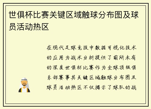 世俱杯比赛关键区域触球分布图及球员活动热区